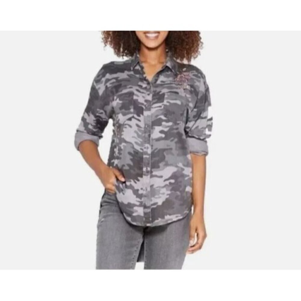 Knox Rose Top Womens XXL Gray Camo Floral Embroidered Hi Low Hem Boho Grunge